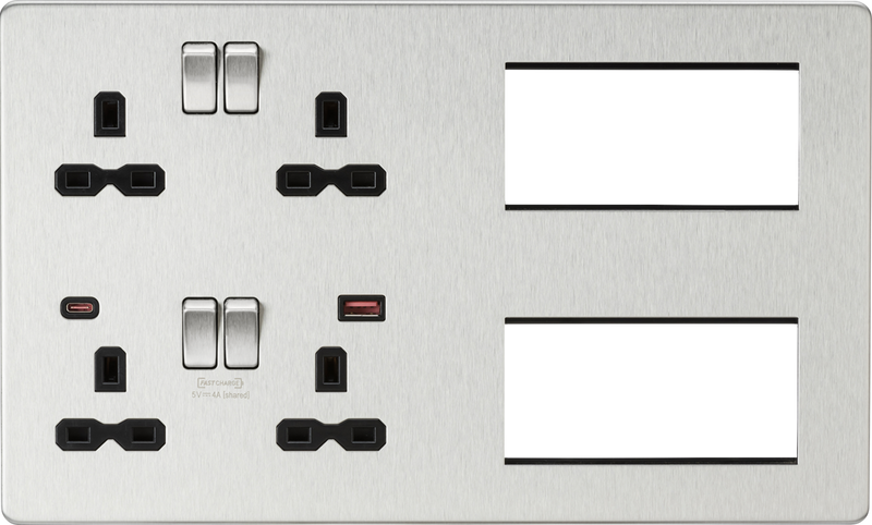 Screwless Combination Plate with Dual USB FASTCHARGE A+C - Brushed Chrome with black insert