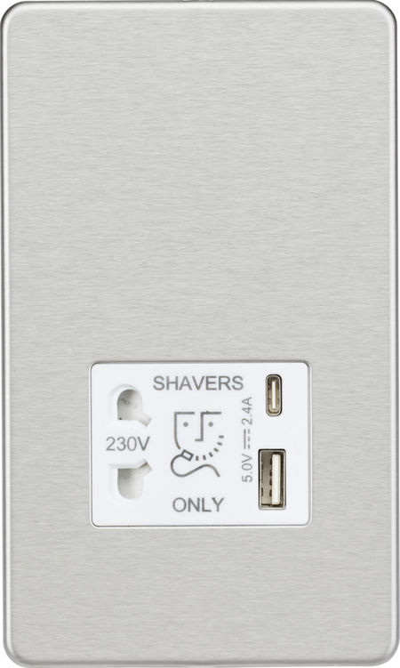 Shaver socket with dual USB A+C (5V DC 2.4A shared) - brushed chrome with white insert