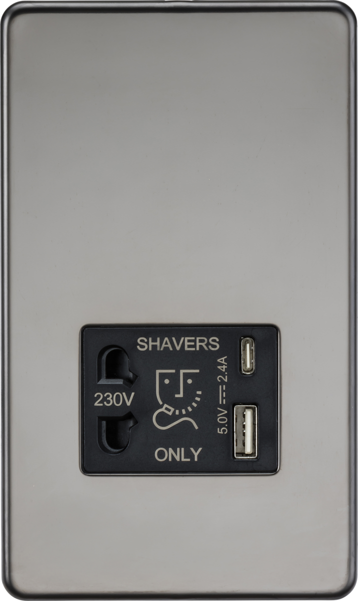 Shaver socket with dual USB A+C (5V DC 2.4A shared) - black nickel