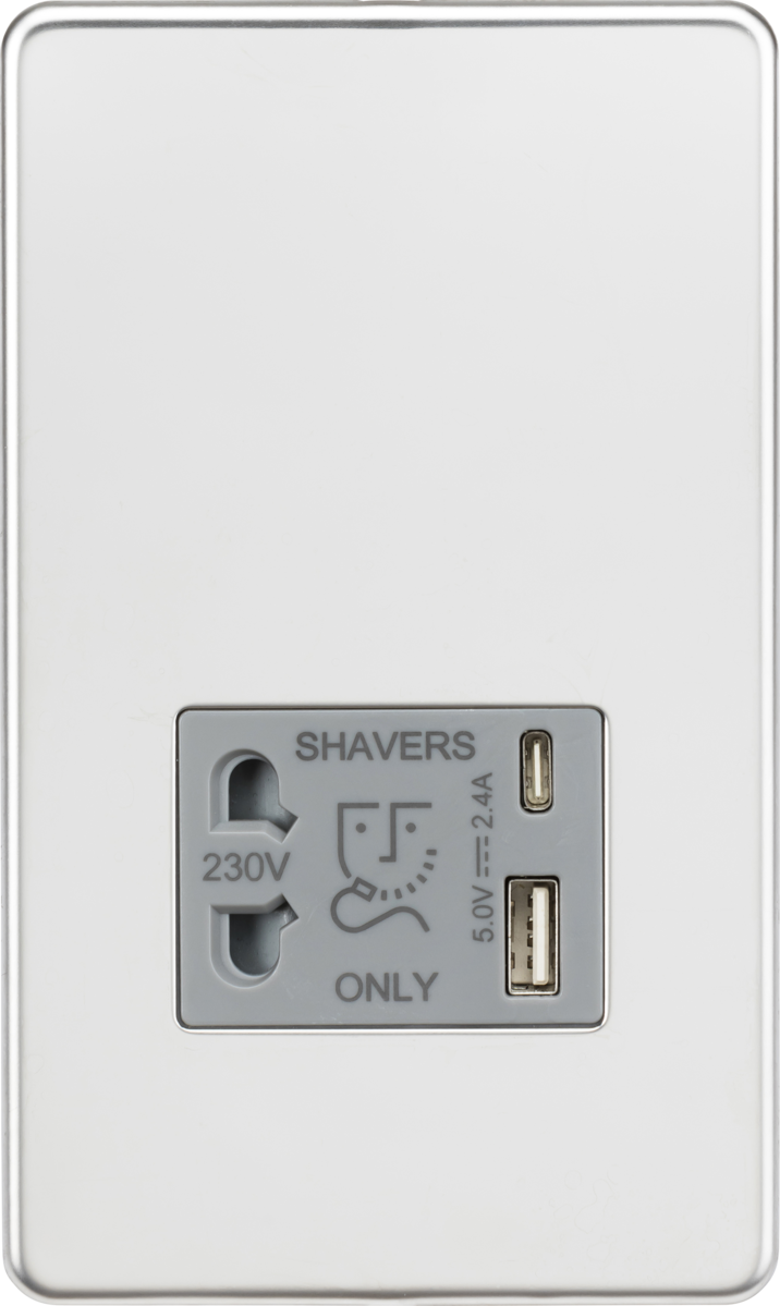 Shaver socket with dual USB A+C (5V DC 2.4A shared) - polished chrome with grey insert