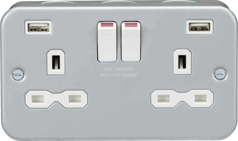 Metal Clad 13A 2G Switched Socket with Dual USB Charger (2.4A)