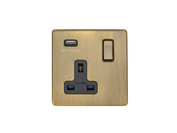 1 Gang 13Amp Dp Switched Socket With 2.1 Amp Usb Outlet Flat Concealed Antique Plate Matching Rocker