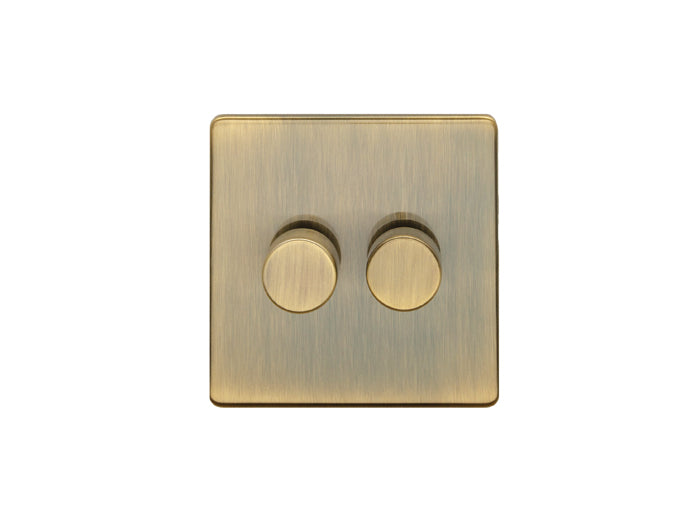 2 Gang 400w Push On Off 2Way Dimmer Flat Concealed Antique Plate Matching Knobs