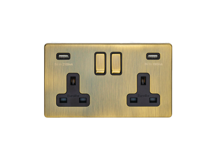2 Gang 13Amp Switched Socket With Combined 3.1 Amp Usb Outlet Flat Concealed Antique Plate Matching Rockers