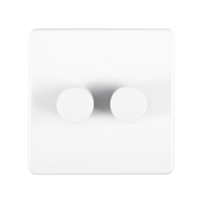 2 Gang 400w Push On Off 2Way Dimmer Flat Concealed White Plate