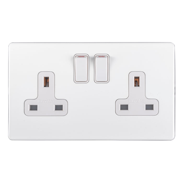 2 Gang 13Amp Dp Switched Socket Flat Concealed White Plate White Rockers
