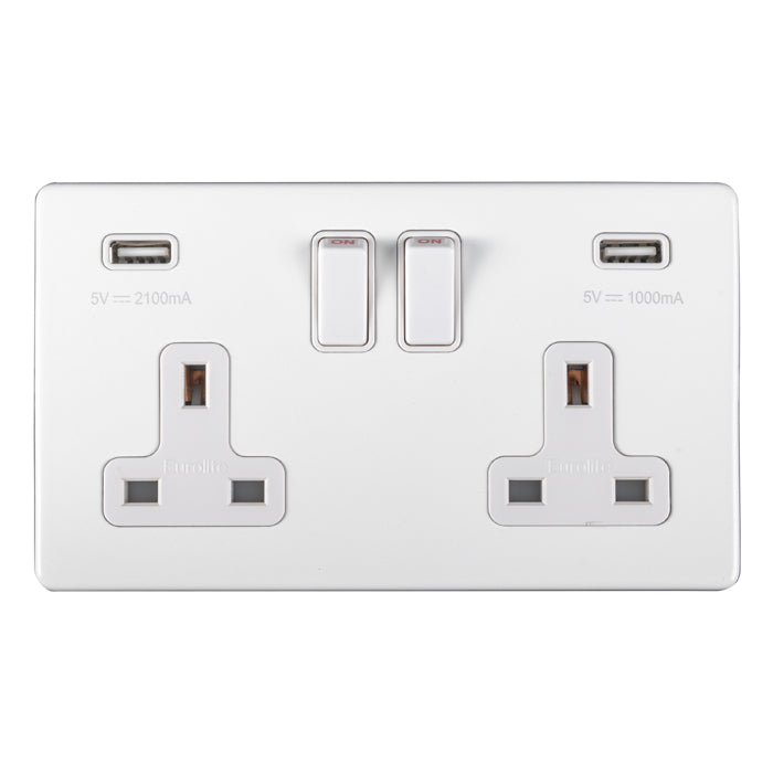 2 Gang 13Amp Dp Switched Socket With Combined 3.1 Amp Usb Outlets Flat Concealed White Plate White Rockers