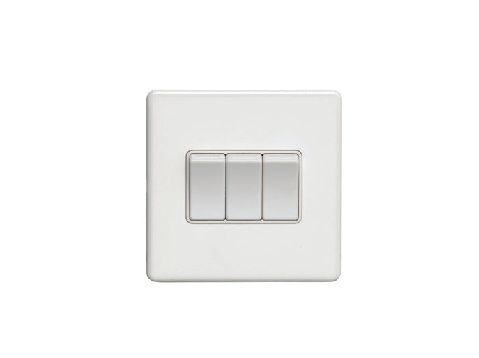 3 Gang 10Amp 2Way Switch Flat Concealed White Plate White Rockers