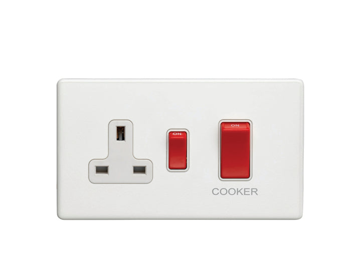 45Amp DP Cooker Switch With 13Amp Socket Flat Concealed White Plate White Rockers
