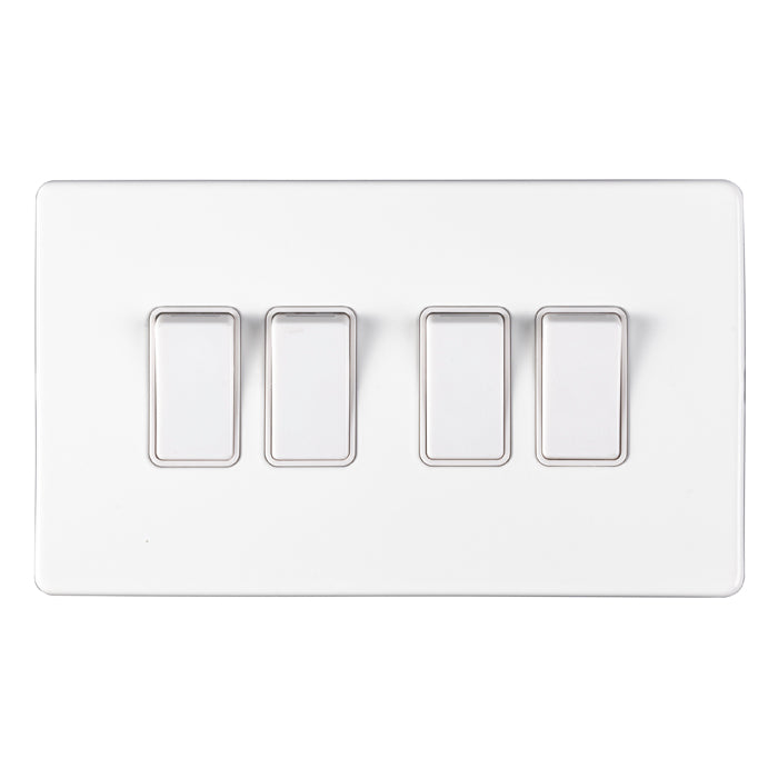 4 Gang 10Amp 2Way Switch Flat Concealed White Plate White Rockers