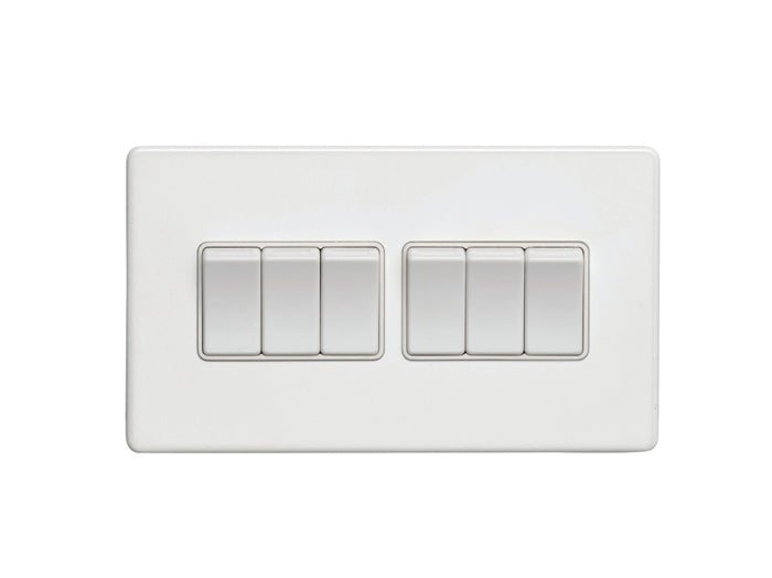6 Gang 10Amp 2Way Switch Flat Concealed White Plate White Rockers