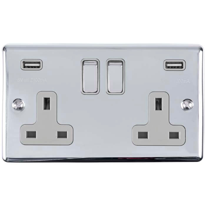 2 GANG 13AMP SWITCHED SOCKET WITH COMB 3.1 AMP USB OUTLETS POLISHED CHROME ENHANCE RANGE GREY TRIM