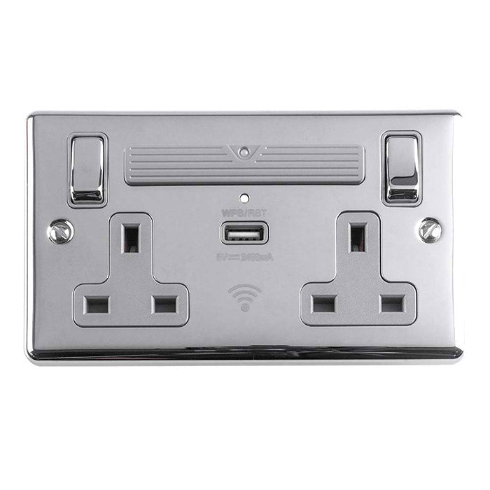 13A 2 GANG SP SWITCHED SOCKET WI-FI EXTENDER + 1X2.4A USB CHARGER POLISHED CHROME GREY TRIM