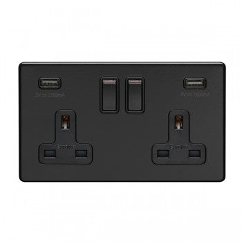 2 Gang 13Amp Dp Switched Socket With Combined 3.1 Amp Usb Outlets Flat Concealed Matt Black Plate Black Rockers