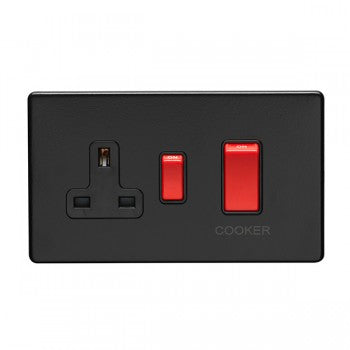 45Amp DP Cooker Switch With 13Amp Socket Flat Concealed Matt Black Plate Red Rockers