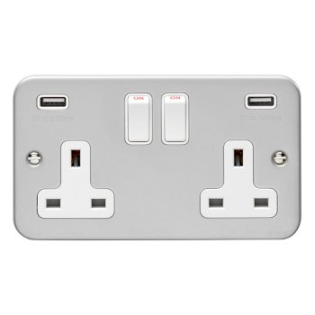 Eurolite Utility Metal Clad 2 Gang 13A Switched Socket with Combined 3.1A USB Outlets